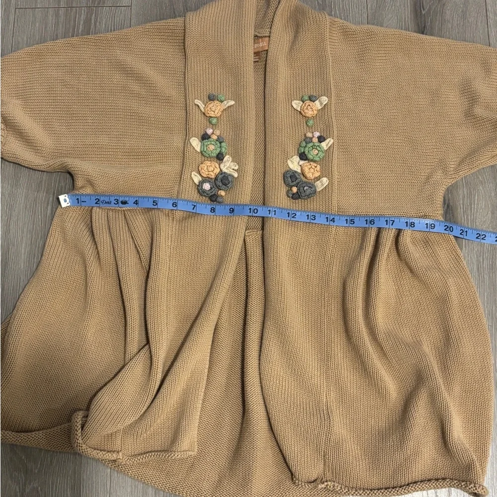 April Cornel Embroidered Tan Open Cardigan Sweater. Size M - Picture 7 of 8